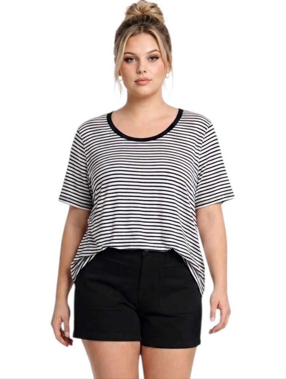 Coin 1804 Black & White Horizontal Striped Scoop Neck T-Shirt Size 3X